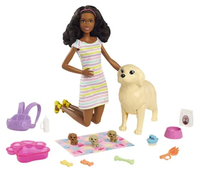 Produktbild von Barbie Puppe (brünett) mit Hund und Welpen