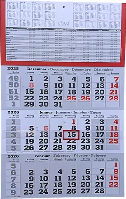 Produktbild von Plano 3 Monats Wandkalender 2026 mit Datumschieber in Rot, inkl. Ferienübersichten und Jahresüberblick 2026 und 2027, Dreimonatskalender werbefrei, 3 Monatskalender