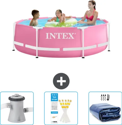 Produktbild von Intex-Schwimmbecken mit rundem Rahmen – 244 x 76 cm – Rosa – im Lieferumfang enthalten Filterpumpe für Schwimmbad - Teststreifen - Sonnensegel