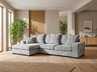 Productafbeelding van Eckbank met slaapfunctie BENICIO, bank in stof Flow, lichtgrijs, met chaise longue aan de linkerkant