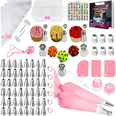 Productafbeelding van Taartaccessoires: Set spuitzakken met spuitmondjes, 129 stuks, roze