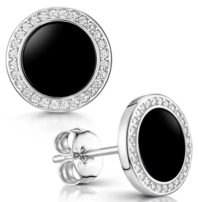 Produktbild von MATERIA Onyx Ohrstecker schwarz rund flach - 925 Silber Damen Ohrringe Edelstein 9mm mit Zirkonia SO-394-Onyx