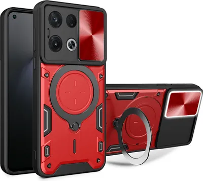 Produktbild von Handyhülle für Oppo Reno8 Pro Dual-Layer Stoßfest Rüstung Hülle mit Dia Kameraschutz und Kreisförmig Ring Ständer Rot
