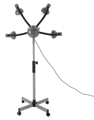 Image de Sèche-cheveux infrarouge - Casque de salon - 5 têtes - 750 W - Hauteur réglable de 112 à 136 cm - Prise UE 220 V - Support à roulettes avec 4 roues - Argent