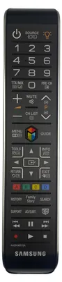 A black Samsung TV remote control with various buttons and labels.