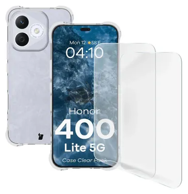 A clear phone case and screen protectors are displayed next to a phone.