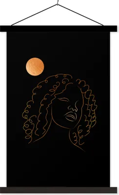 Produktbild von MuchoWow® Textilposter Frau - Mond - Gold - Strichzeichnung 40x60 cm mit schwarzem Rahmen - Wanddekorationen