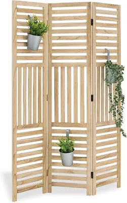 Imagen del producto de Pantalla divisoria de 3 paneles para interiores, separador de ambientes de madera con listones naturales, 170x120 cm. Panel divisor, pantalla de privacidad, de madera, independiente