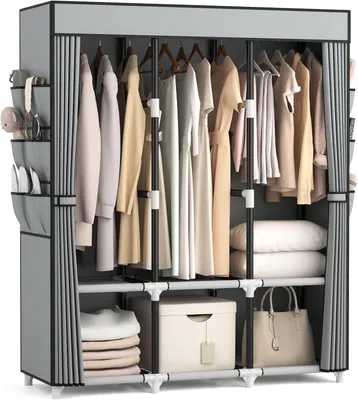 Produktbild von Kleiderschrank - Tragbare Garderobe mit 1 Kleiderstange - 10 Regalen - 6 Seitentaschen
