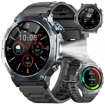 Produktbild von Militär Smartwatch Herren mit GPS AMOLED Display mit Bluetooth Anruf 5ATM Wasserdicht Sportuhr mit Herzfrequenz Schlafmonitor 160+ Sportmodes Uhr