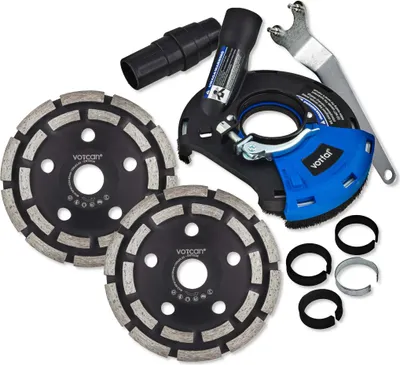A collection of diamond grinding discs, a dust shroud, and accessories for an angle grinder, displayed on a white background.