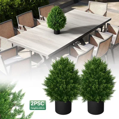 Image de LARS360 Set de 2 buis artificiels 60cm - Cèdre artificiel en pot, plantes vertes faciles d'entretien pour chambre, bureau & décoration