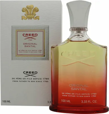 A bottle of Creed Original Santal Eau de Parfum and its packaging are displayed against a white background.
