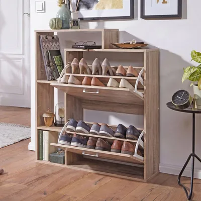 Obrázok produktu pre FineBuy Moderná skriňa na topánky MASSA z dreva, 2 priehradky, dub Sonoma, na 12 párov topánok, skriňa na topánky 85 x 24 x 93 cm, komoda na topánky do predsiene s odkladacou policou