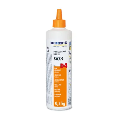 Produktbild von KLEIBERIT 507.9 PUR Klebstoff 0,5 kg – 1K D4 Holzleim für Fenster, Türen & Holzbau, farblos, hochwärmebeständig, wenig aufschäumend, für Holz, Beton