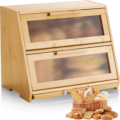 Produktbild von VEVOR Doppellagiger Brotkasten für Küchentheke Brotbehälter Brotbox Brot-Organizer aus Holz für selbstgebackenes Brot, Aufbewahrungsbehälter mit gewellter Acryl-Türplatte, Brotaufbewahrung Natur