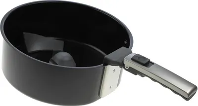 A black pot with a silver and gray handle is shown against a white background.