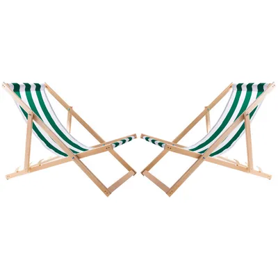 Two green and white striped deck chairs are shown against a white background.