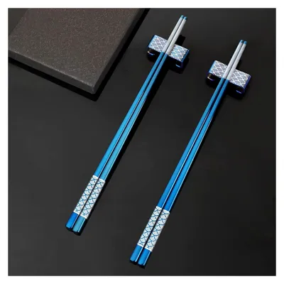 Produktbild von Wiederverwendbare Metall-Essstäbchen 2 Paar Titan-Edelstahl mit Halter, Spülmaschinenfest, Leichte Essstäbchen im Japanischen Stil Geschenkset (Blau)