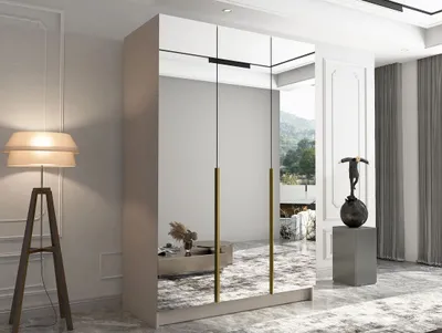 Obrázek produktu pro Vysoká zrcadlová šatní skříň 150 cm SHEELA 3 - kašmír / zlatá