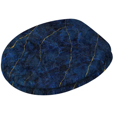 A toilet seat with a dark blue marble pattern and gold veins, presented on a white background.