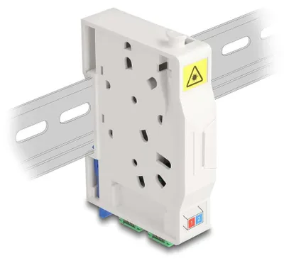 Imagen del producto de Caja de conexión de fibra óptica Delock para carril DIN, con soporte para empalmes y 2 conectores SC simplex