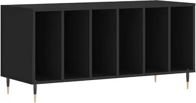 Productafbeelding van Platenkast zwart, platenrek van houtvezel met ijzeren poten, vinylkast en platenspelerstandaard voor de woonkamer, 100 x 38 x 48 cm