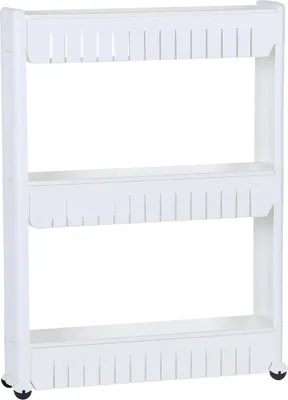 A white three-tier rolling storage cart against a white background.
