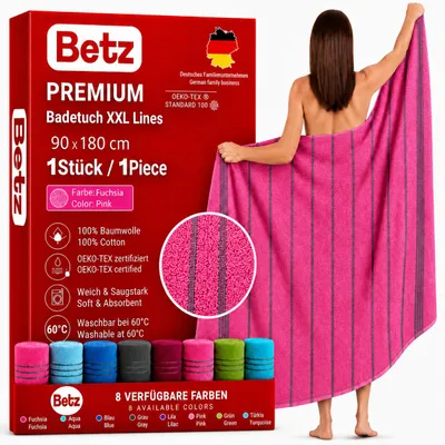 Produktbild von Betz Badetuch XXL Lines 90x180 cm – 100% Baumwolle, weich & saugstark – Strandtuch für Urlaub, Pool, Sauna, Outdoor – modernes Streifendesign - pink