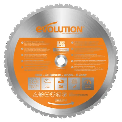 Obrázok produktu pre Píla Evolution Power Tools, 355 mm, určená pre priamočiaru pílu | Univerzálna rezná doska s 36 zubami, kotúčová píla s tvrdokovovými zubami (TCT) | Vhodná na rezanie rôznych materiálov, vrátane stavebnej ocele, hliníka, plastov a dreva s klincami | Kód: R355TCT-36T
