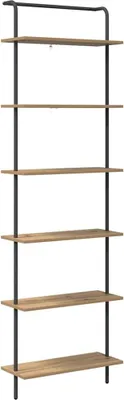 A tall, narrow bookshelf with wooden shelves and dark metal supports against a white background.
