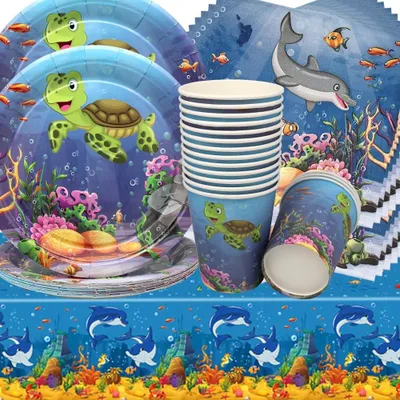 Image de 53 pièces de vaisselle sur le thème des créatures marines pour une fête d'anniversaire