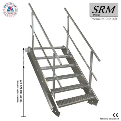 Produktbild von 6 Stufen Stahltreppe beidseitig. Geländer Breite 140cm Geschosshöhe 90-120cm