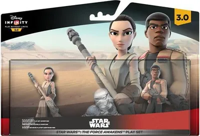 The packaging for a Disney Infinity 3.0 Star Wars: The Force Awakens Play Set, featuring stylized figures of Rey and Finn.