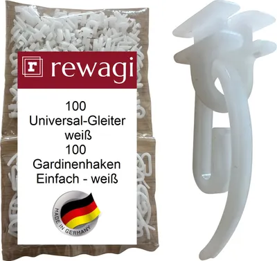 Produktbild von rewagi® 100 Gleiter GON + 100 einfache Gardinenhaken weiß für Laufnut 6 mm