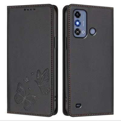Produktbild von Lederhülle für ZTE Blade A53, Schmetterling Prägung Leder Brieftasche Schutzhülle mit Ständer Schwarz