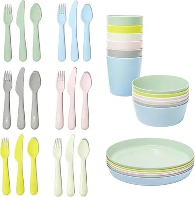 Produktbild von Kalas IKEA KALAS Kinderschüssel, Becher, Teller und Besteck, 6er-Set je Artikel, mehrfarbig, Pastellfarben