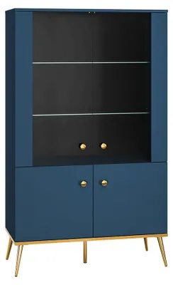 Produktbild von Vitrine – Glasvitrine – Standvitrine – MARINE 02 – Dunkelblau / Gold – 92 cm – Elegante Glasvitrine in Dunkelblau mit goldenen Beinen