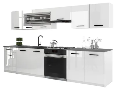 Obrázok produktu pre Belini Moderná kuchynská linka ITALIA 4 – kuchynský nábytok 260 cm, biela lesklá – vstavaná kuchyňa so závesnými skrinkami, spodnými skrinkami a pracovnými doskami
