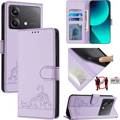 Produktbild von Leder Hülle für Xiaomi Poco X6 Neo Süße Katze Flip Case Brieftasche Schutzhülle mit Standfunktion Lila