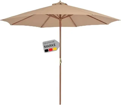 Produktbild von DELUKE® Sonnenschirm aus Holz ANNA Taupe | HxB 258x300cm | Sonnenschirm 300 cm Kurbelschirm Standschirm Sonnenschutz Gartenschirm Balkonschirm klassisch