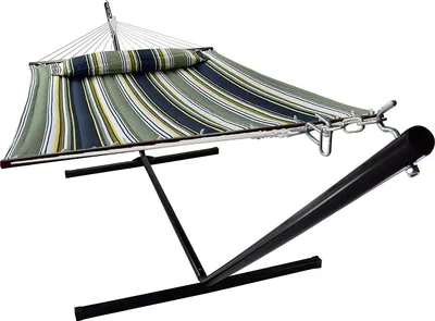 Produktbild von VITA5 Hängematte Outdoor - Hängematte mit Gestell für den Garten, Pool & Balkon - Großzügige Hängematte 2 Personen - Doppelhängematte mit Ständer - 200kg Belastbarkeit (Dunkergrün/Blau)