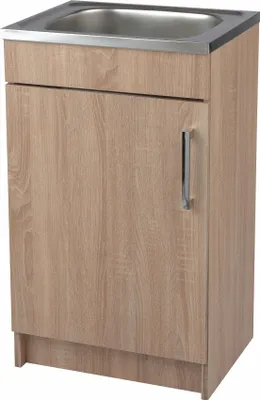 A kitchen cabinet with a sink on top.