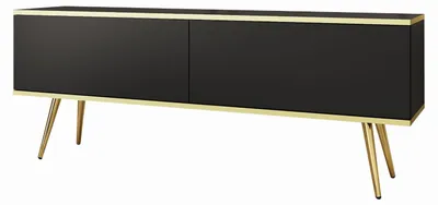 Obrázok produktu pre Televízna skrinka MELI 135 cm, čierna so zlatými prvkami, s 2 dvierkami, do obývačky, televízna skrinka, mediálny nábytok na zlatých nohách