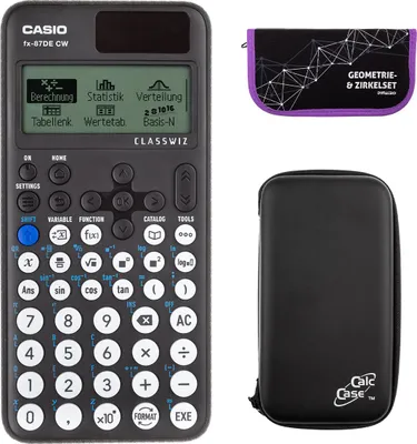 Produktbild von Casio FX-87 DE CW mit CalcCase-Schutztasche und Zirkelset lila