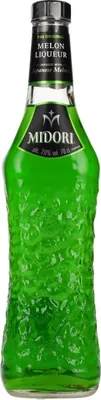 A bottle of Midori Melon Liqueur.