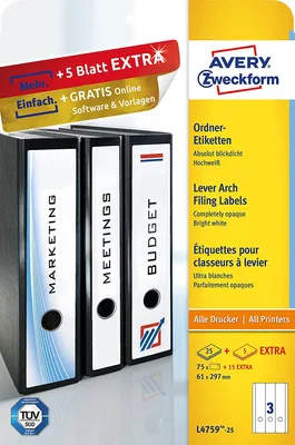 Image de Avery Zweckform L4759-25 Étiquettes de classeur, 61 x 297 mm, 25 feuilles/75 étiquettes, blanc