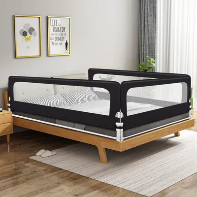 Image de barrière de lit 3 côtés 200cm Barrière de lit pour jeunes enfants Bébés et enfants Hauteur réglable 70cm (Noir)