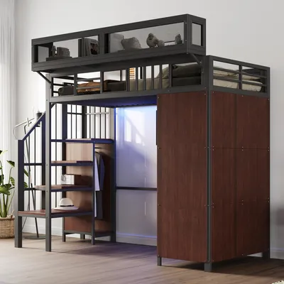 Produktbild von MODFU Einzelbett 90x200 Hochbett Jugendbett mit Kleiderschrank und Sicherheitsleiter,Bettgestell mit LED-Beleuchtung und Schutzgittern,ohne Matratze,Schwarz