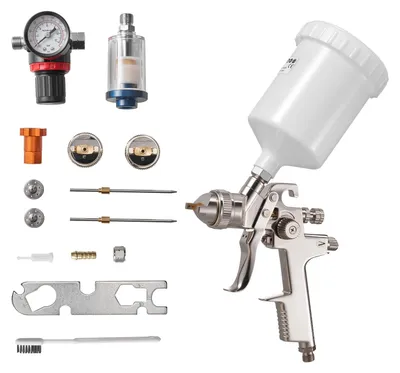 Obrázek produktu pro Stříkací pistole VEVOR LVLP, stříkací pistole s gravitačním podáváním a 3 tryskami (1,3/1,4/1,7 mm), objem 600 ml, stříkací sada s regulátorem vzduchu pro lakování nábytku, aut, kutilské práce